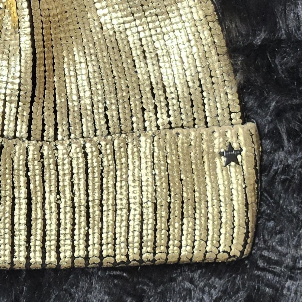 Jocelyn Hat Beanie Gold Metallic Real Dyed Fox Fur Knit Modern Fall Winter Gift